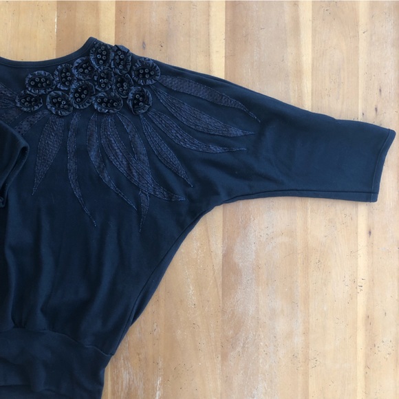 Vintage 80s Black Sweatshirt Batwing Beaded Sequins Flower Appliqué Decorative - Picture 8 of 14